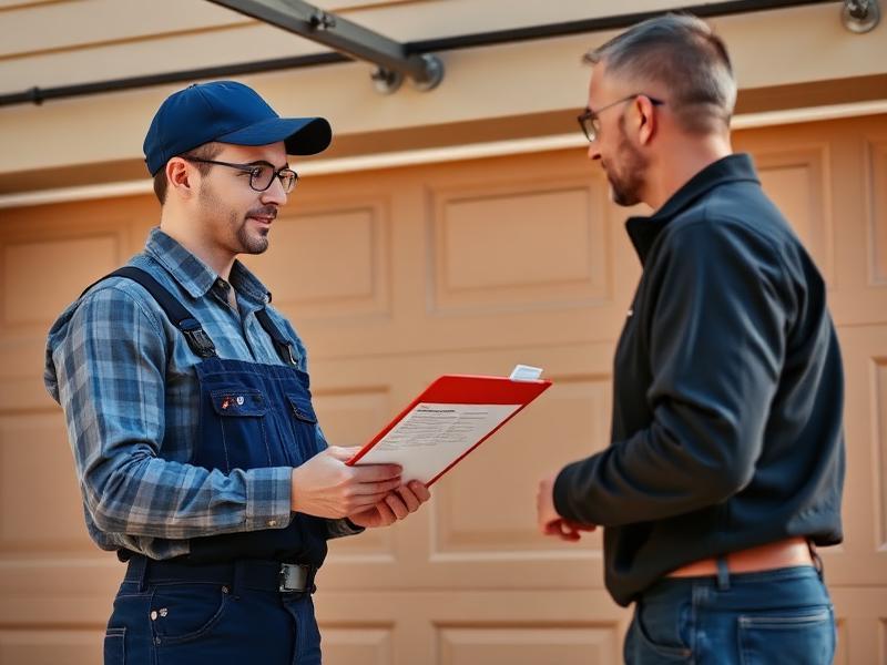 Technician explaining garage door repair costs to homeowner