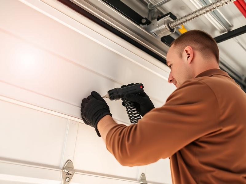 Technician performing summer garage door maintenance