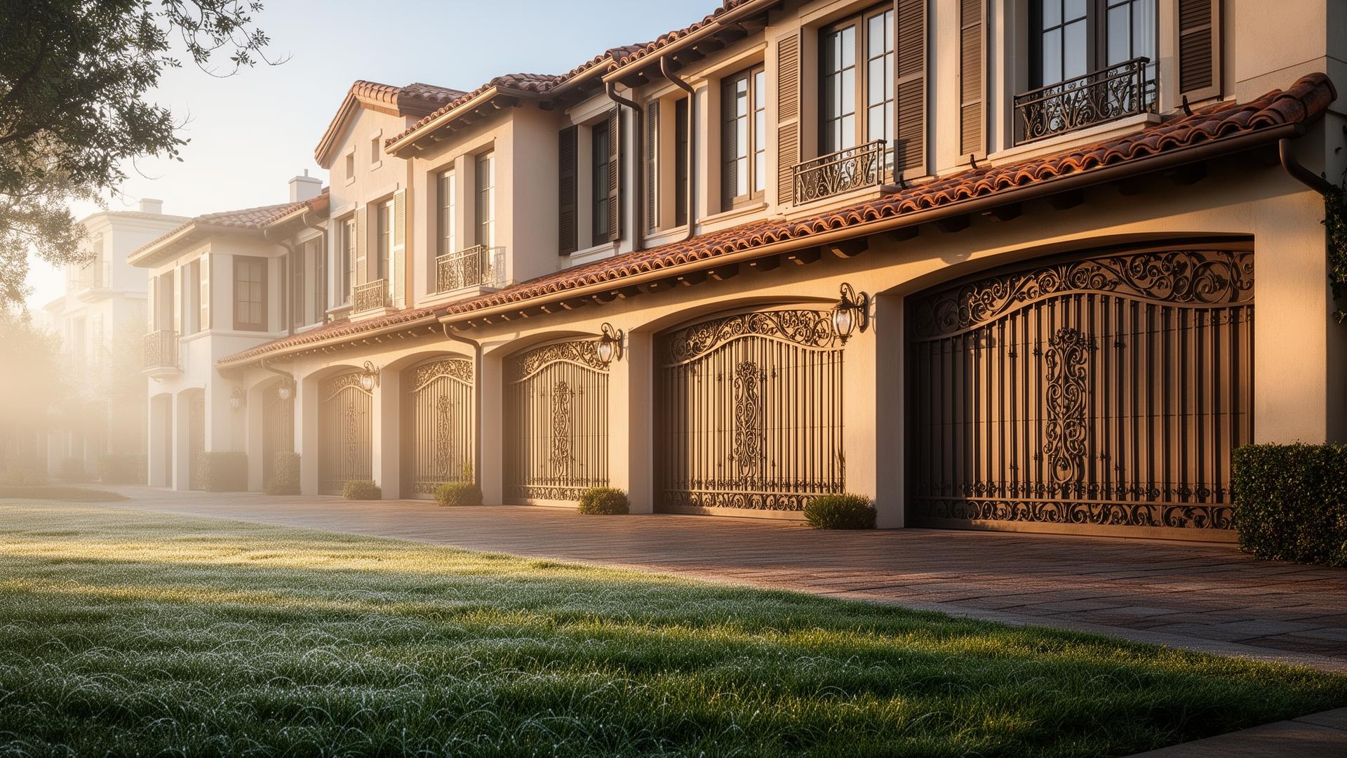 Spanish colonial style garage doors with decorative iron grilles on luxury townhouse in Southington Ohio
