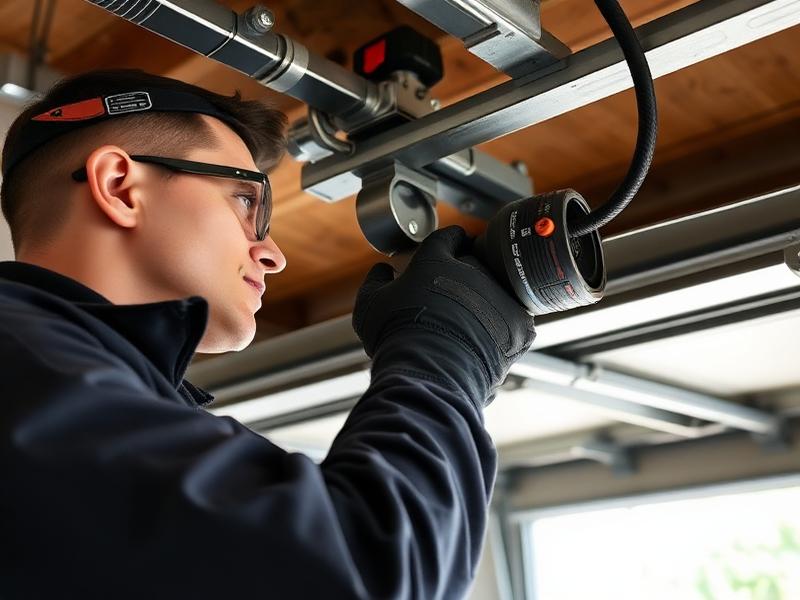 Professional technician repairing garage door spring mechanism